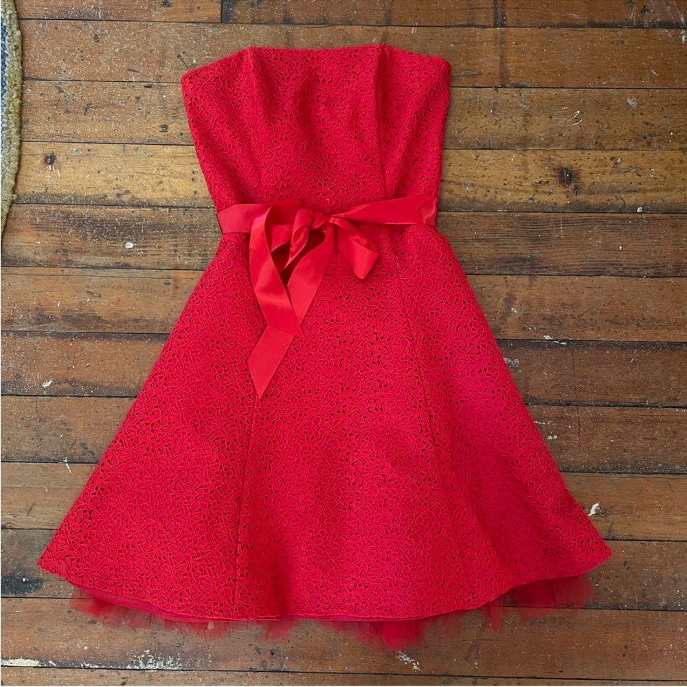 Vintage 90s Jessica McClintock for Gunne Sax red lace strapless party dress